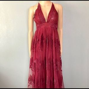 Luxxel backless tulle maxi dress w/velvet florals